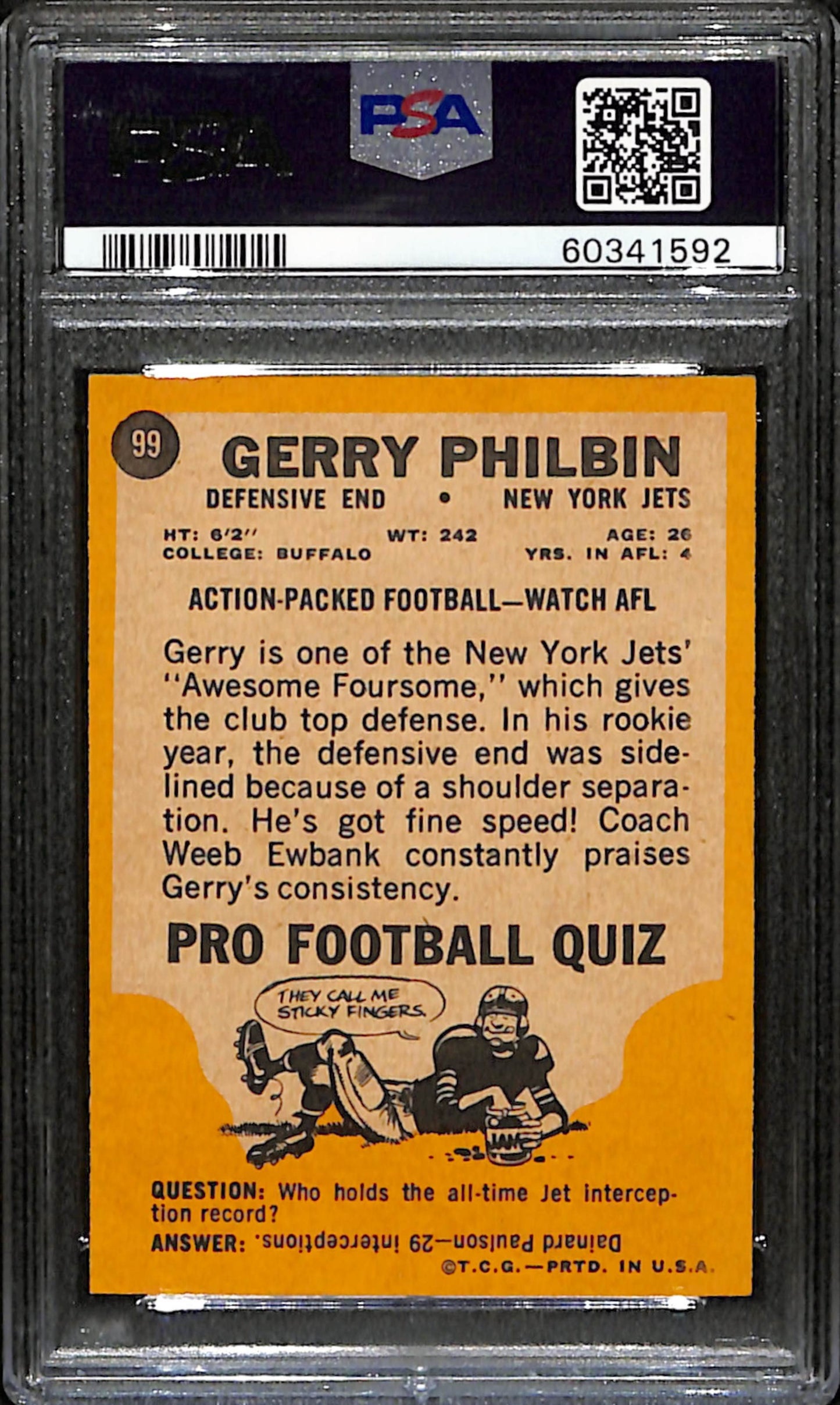 Gerry Philbin 1967 Topps Card #99 Jets PSA 6 BA209151