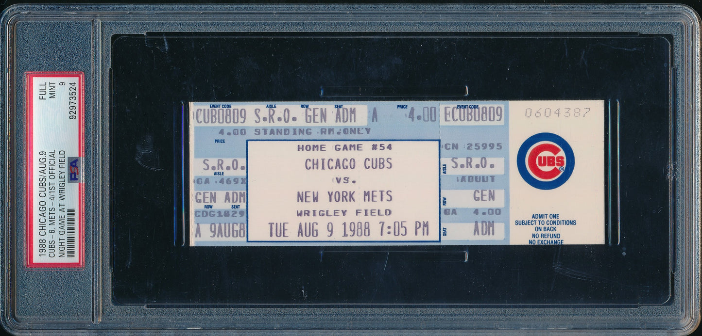 August 9, 1988 Ticket Stub Cubs vs. Mets 1st Night Game at Wrigley PSA 9  208185