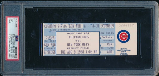 August 9, 1988 Ticket Stub Cubs vs. Mets 1st Night Game at Wrigley PSA 9  208185