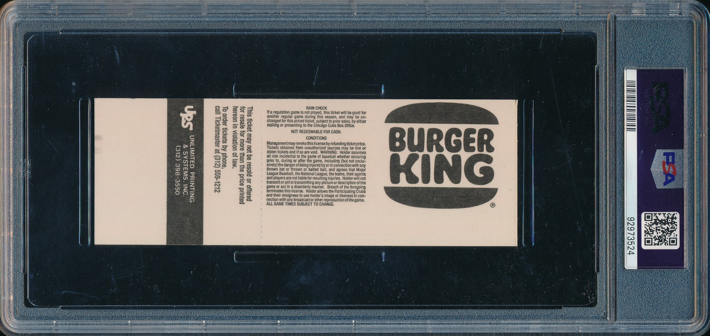 August 9, 1988 Ticket Stub Cubs vs. Mets 1st Night Game at Wrigley PSA 9  208185