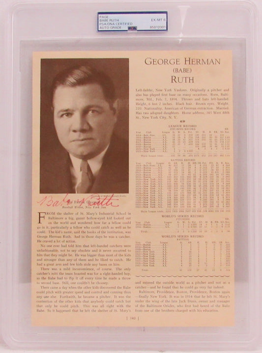 Babe Ruth HOF Yankees Signed/Auto 1933 7.5x10.5 Album Page PSA/DNA  208184