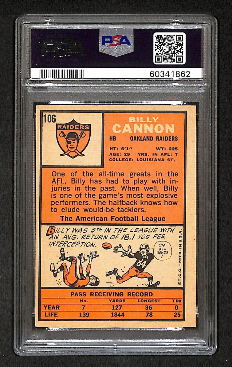 Billy Cannon 1966 Topps Card #106 Raiders PSA 4 BA209283
