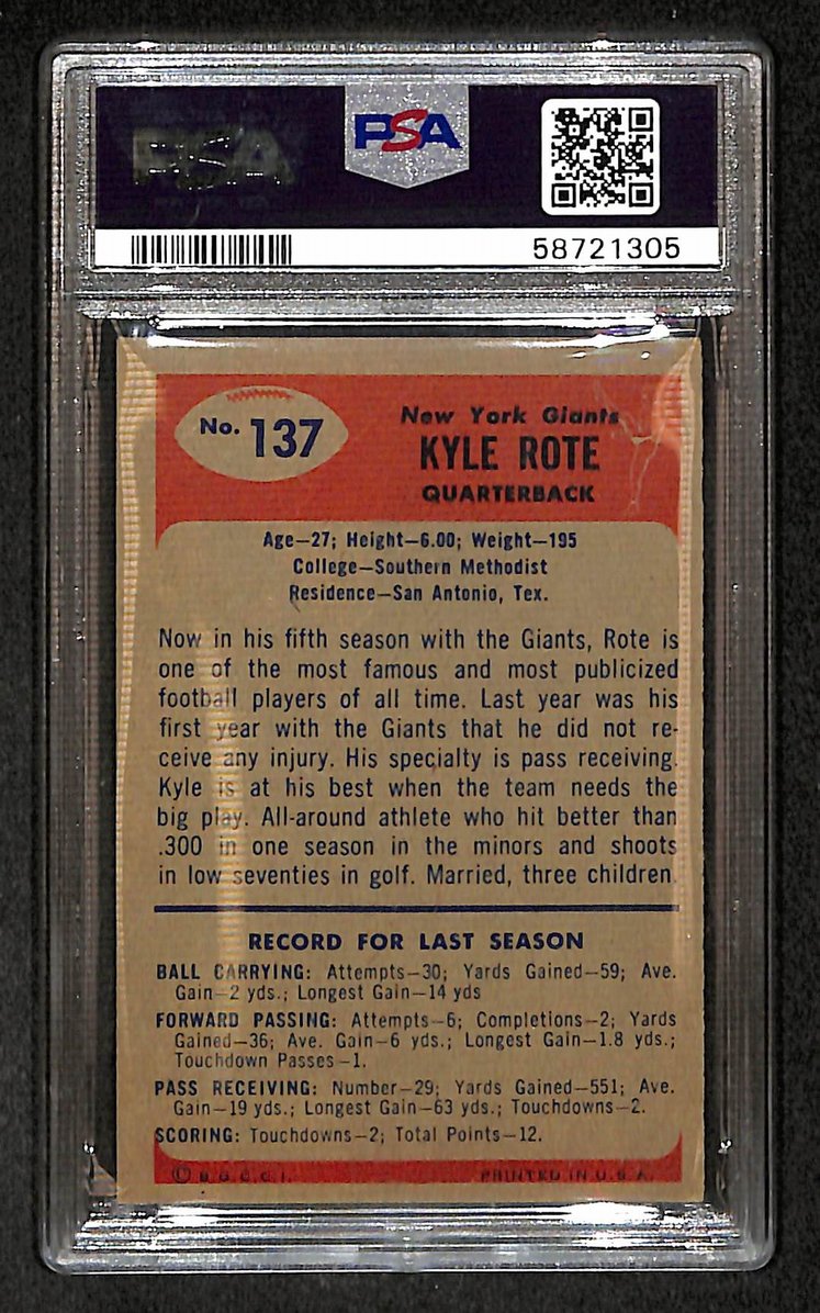 Kyle Rote 1955 Bowman Card #137 Giants PSA 2 BA209305