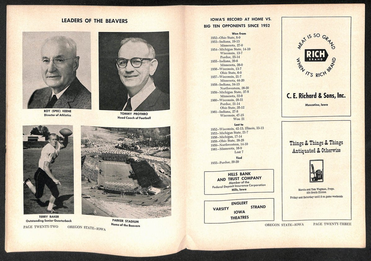 1962 Oregon St vs Iowa - Iowa Stadium Official Program Terry Baker Heisman 09315