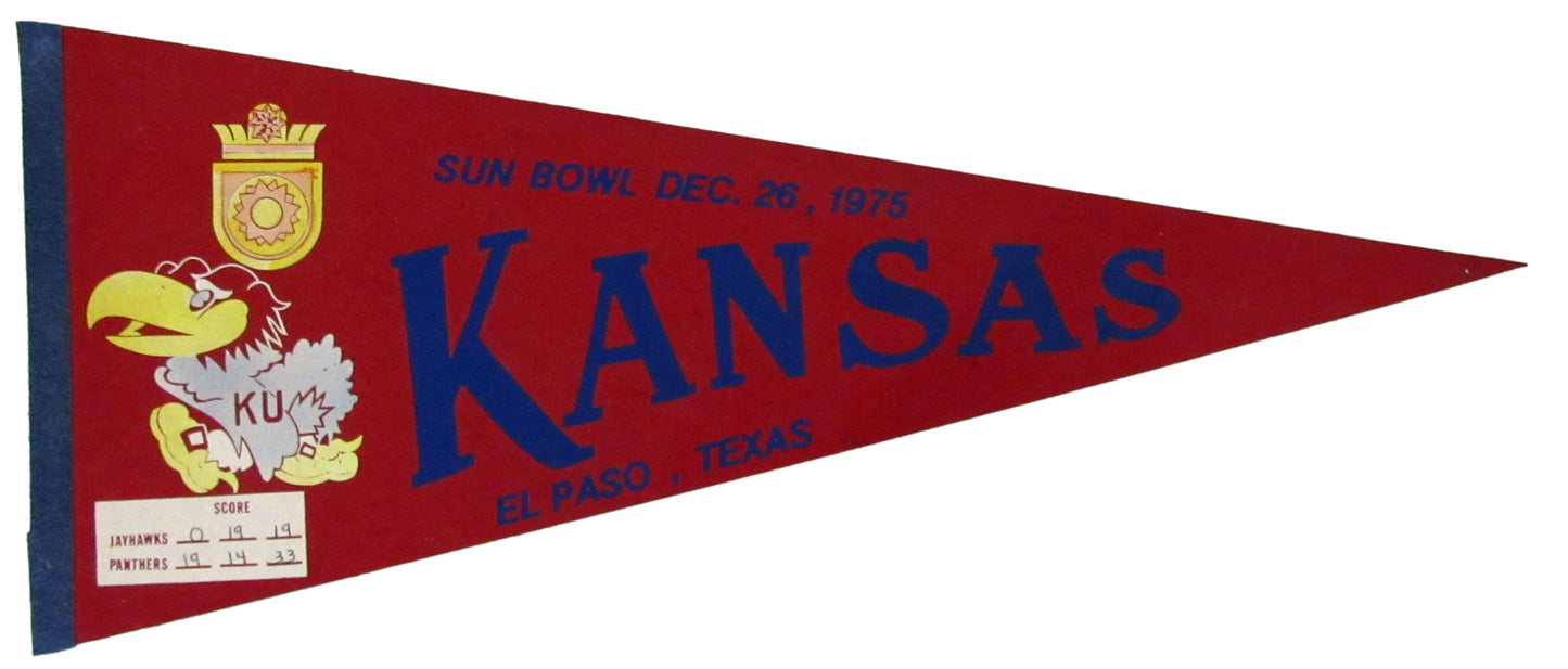 1975 Sun Bowl El Paso, Texas Felt Pennant 12x30 w/ Score KU Kansas 208204