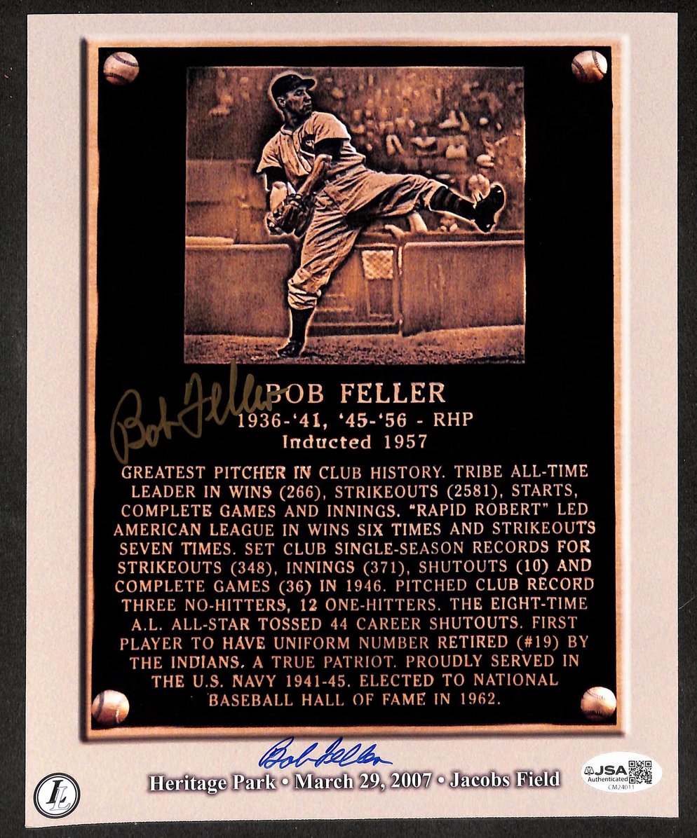 Bob Feller 2x Autographed/Signed 8x10 HOF Plaque Photo Indians JSA 209831