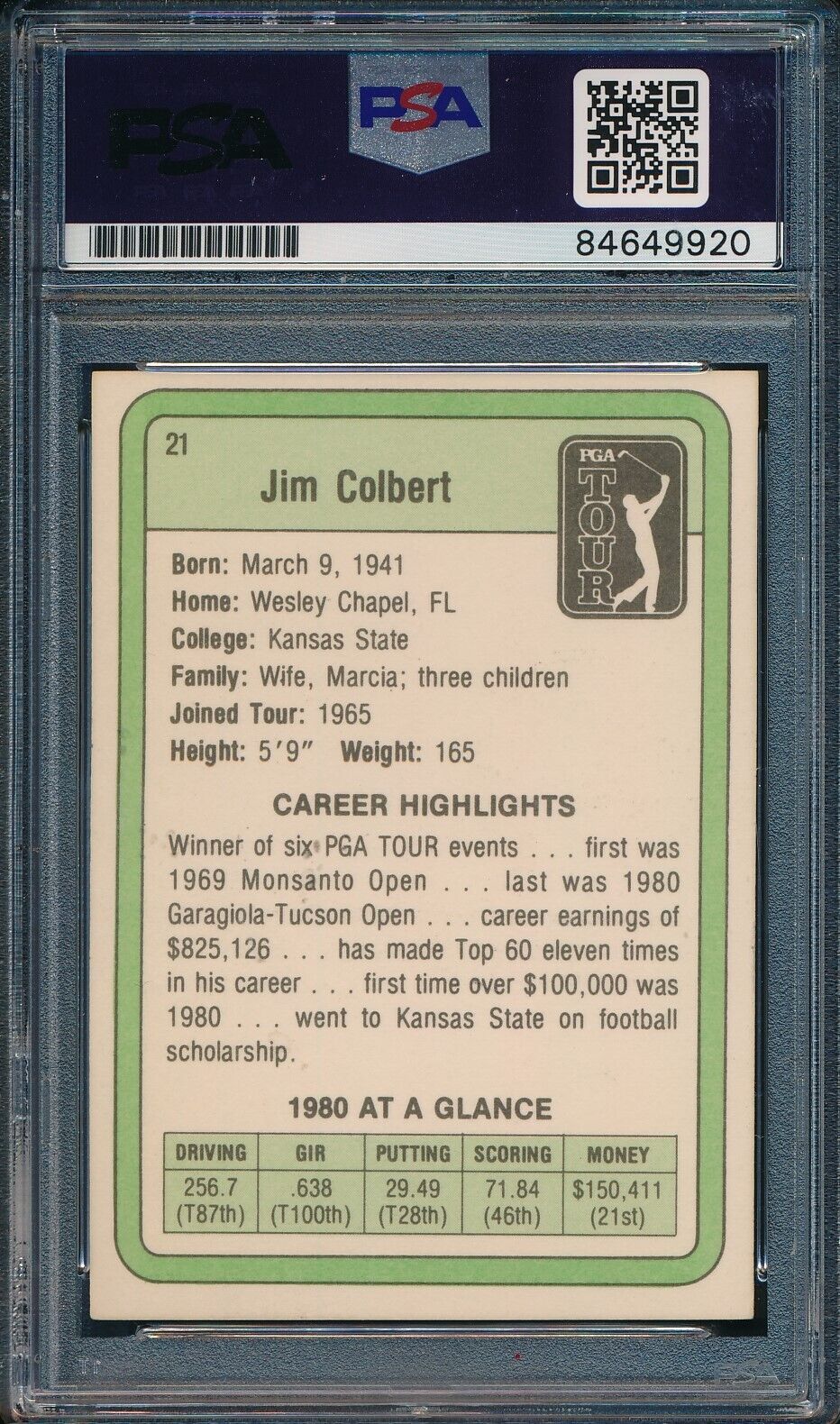 1981 DONRUSS PGA Jim Colbert #21 Authentic Card Signed PSA/DNA 176061