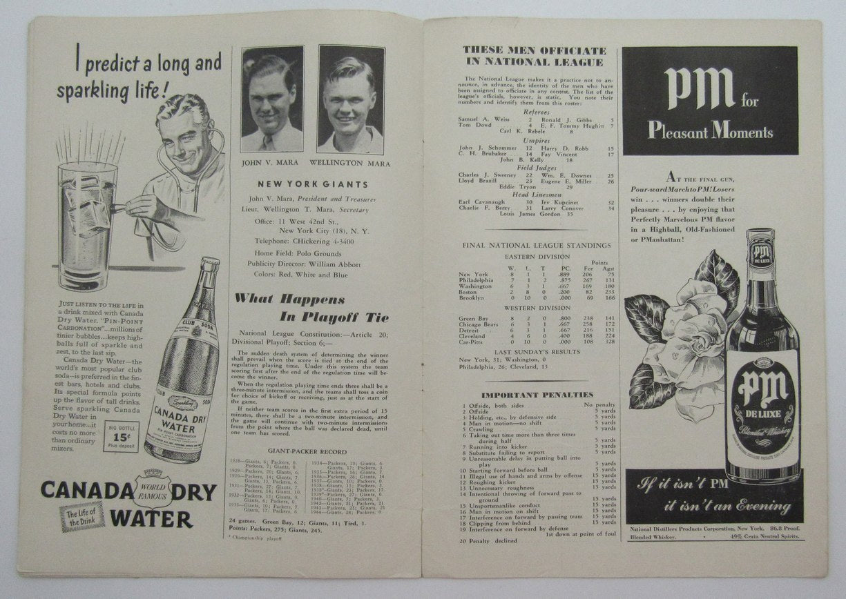 Dec. 17, 1944 Giants vs. Packers NFL Championship Football Game Program 208211