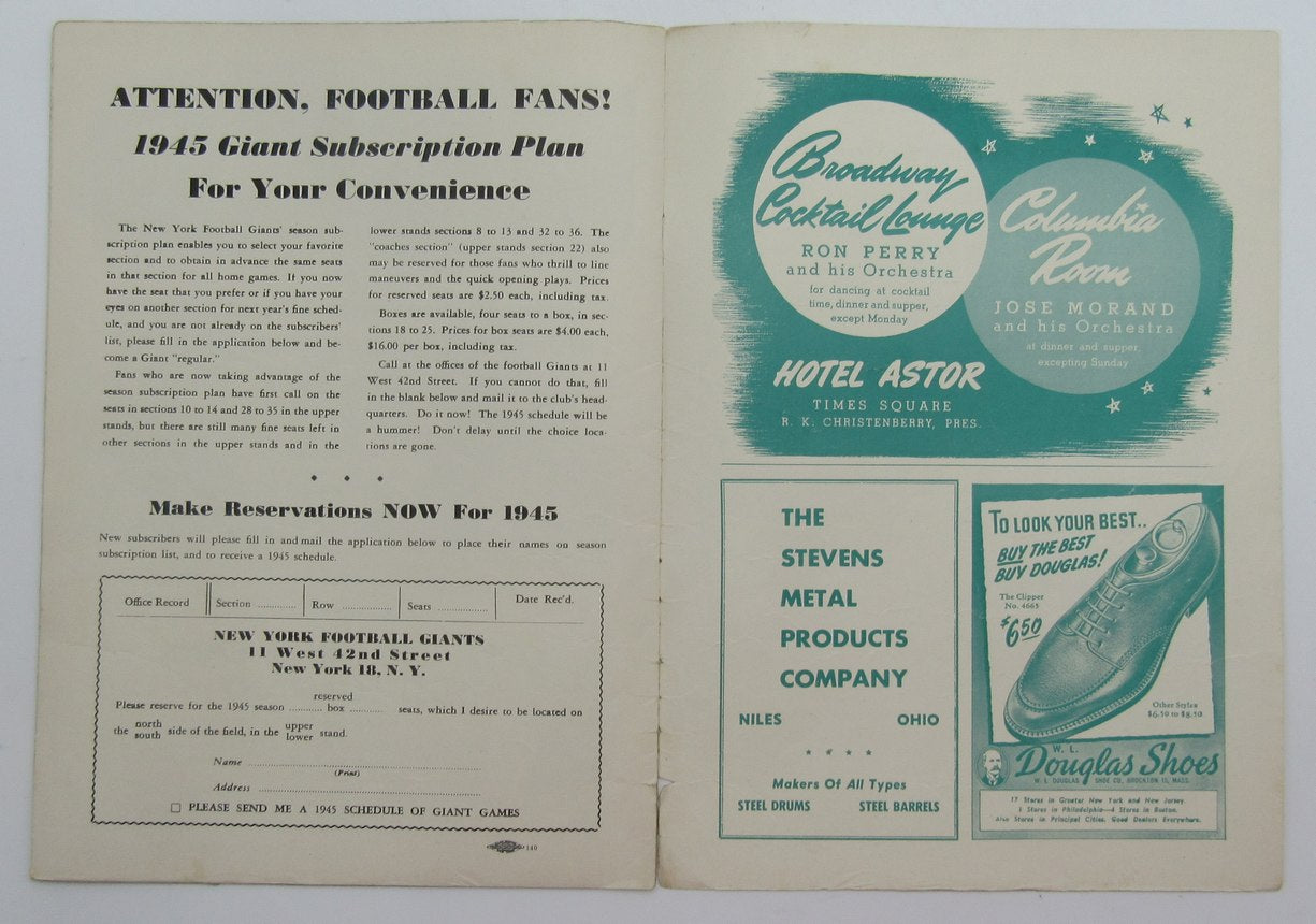 Dec. 17, 1944 Giants vs. Packers NFL Championship Football Game Program 208211