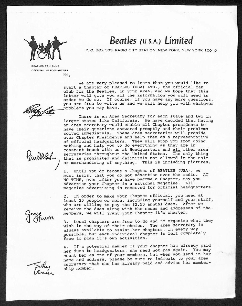 Beatles (U.S.A.) Limited Official Fan Club Letters & Forms w/ Envelope 209863