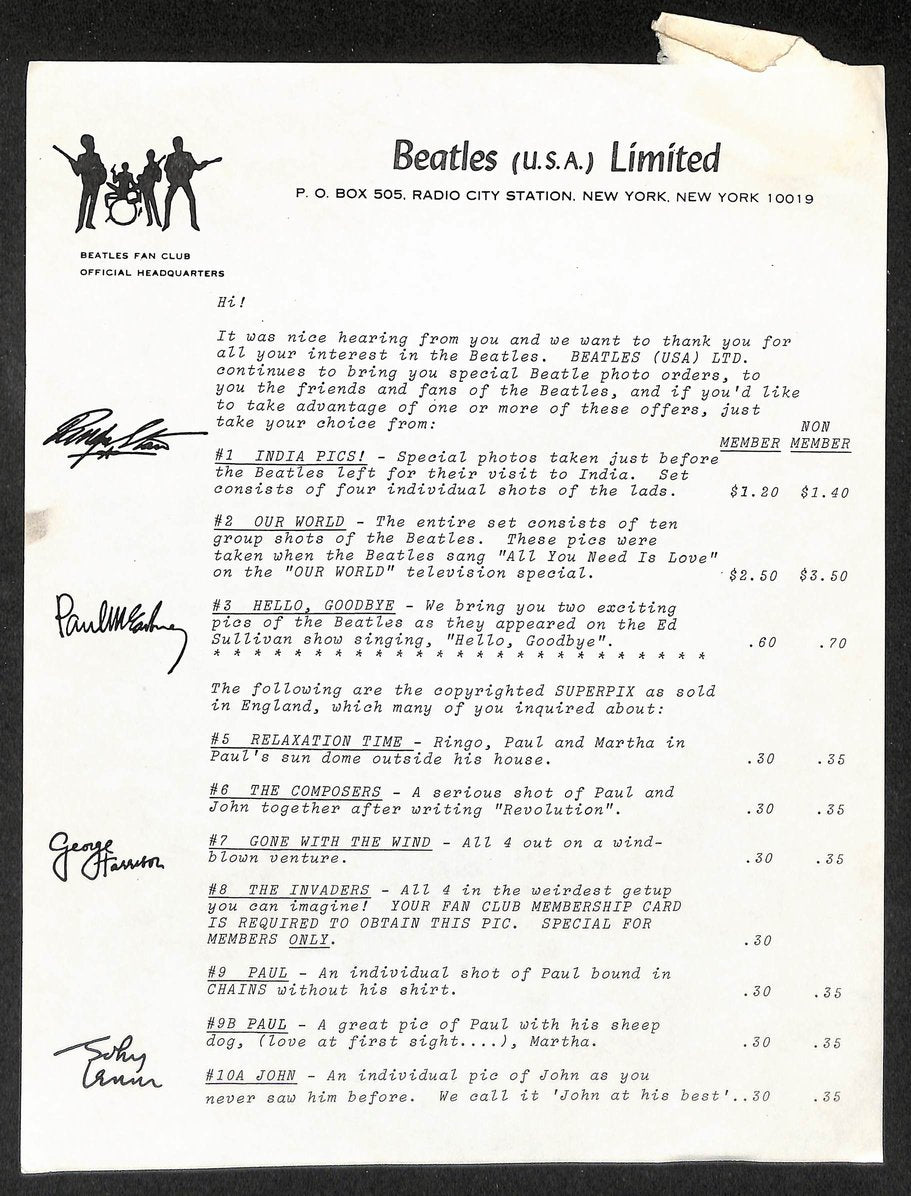 Beatles (U.S.A.) Limited Official Fan Club Letters & Forms w/ Envelope 209863