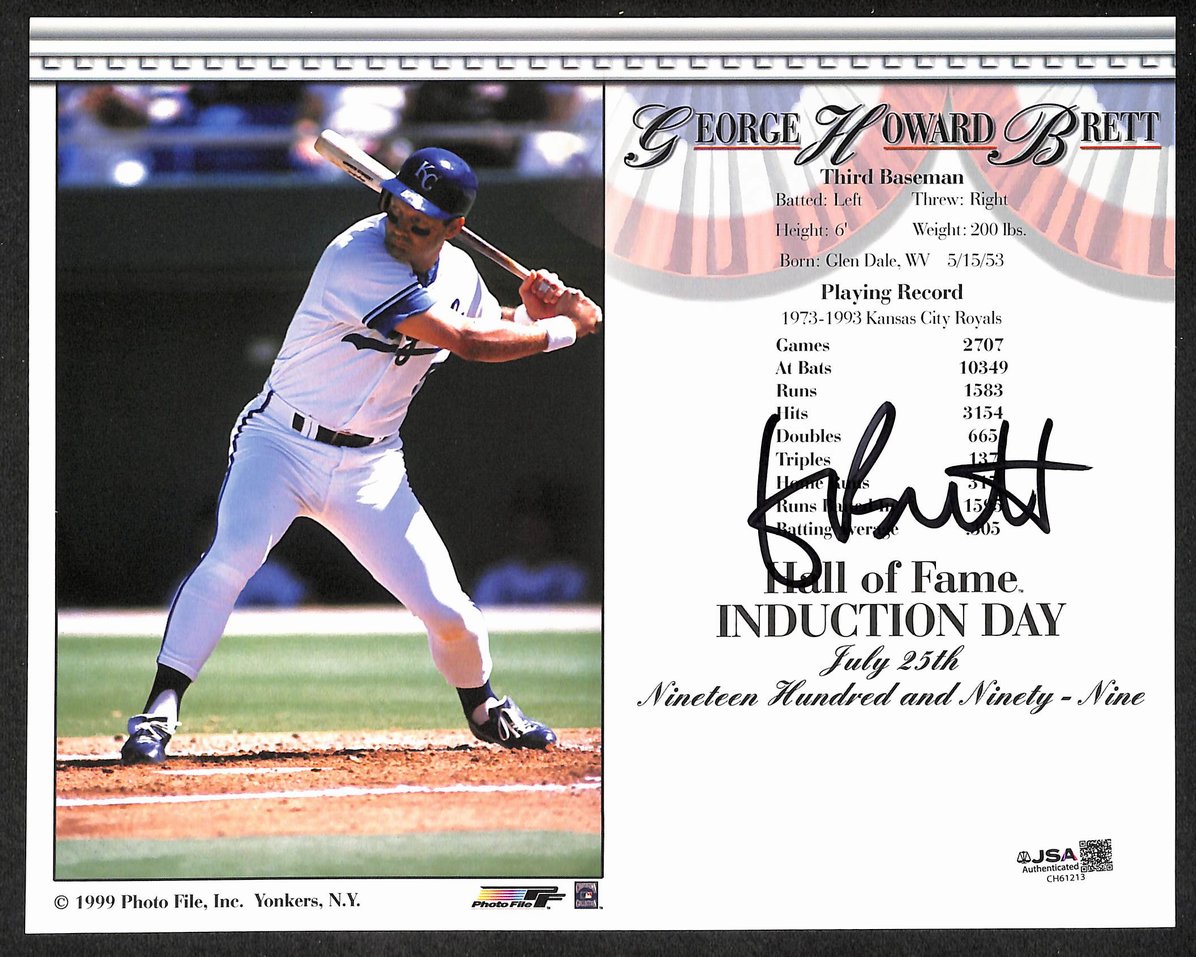 George Brett HOF Signed/Auto 8x10 HOF Induction Day Document w/ Photo JSA 209866