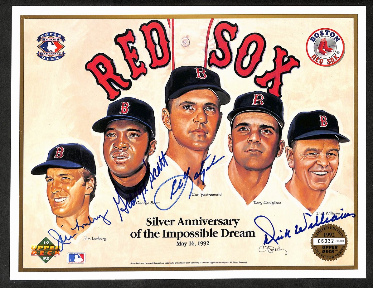 Boston Red Sox Silver Anniversary 8.5x11 Card Signed by (4) Players UDA 209874