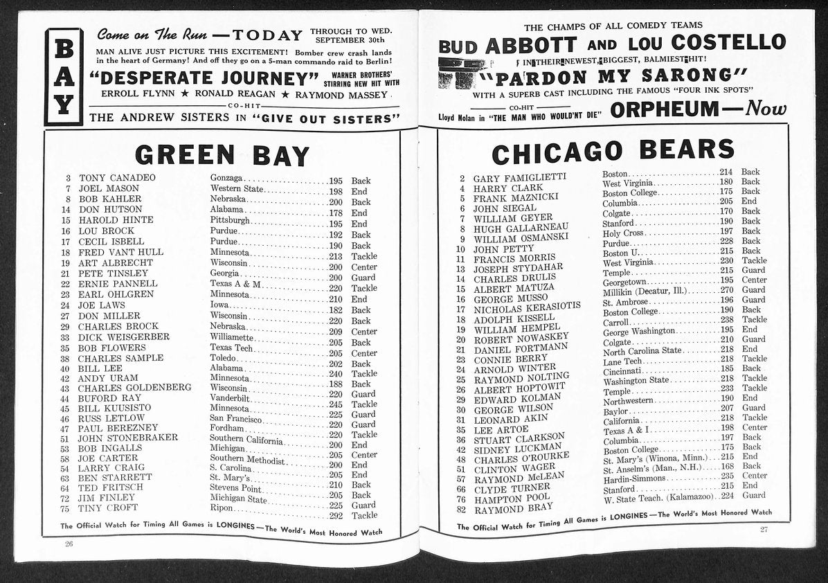 9/27/1942 NFL Game Program Chicago Bears vs. Green Bay Packers 210434