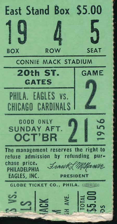 10/21/1956 NFL Game Ticket Stub Eagles vs. Chicago Cardinals Connie Mack Stadium