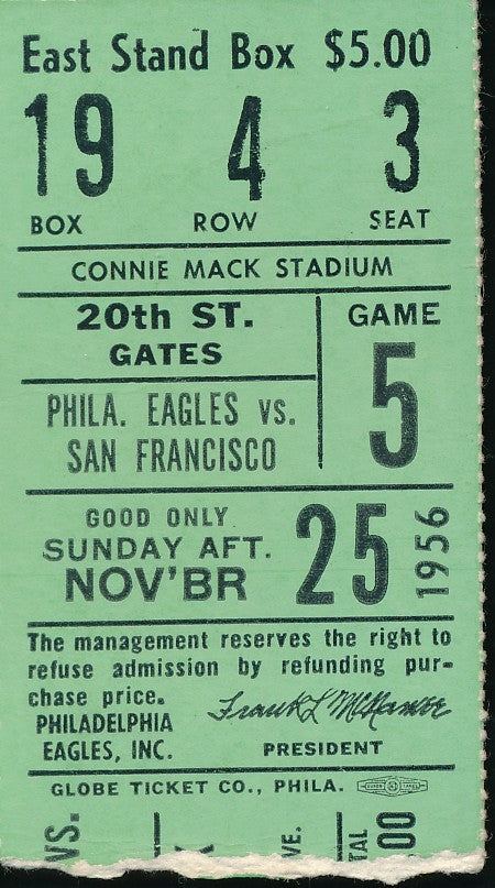 11/25/1956 NFL Game Ticket Stub Eagles vs. Chicago Cardinals Connie Mack Stadium