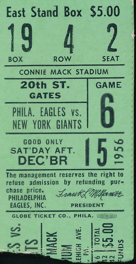 12/15/1956 NFL Game Ticket Stub Eagles vs. Chicago Cardinals Connie Mack Stadium