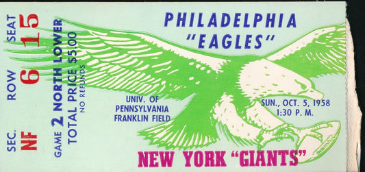 10/5/1958 NFL Game Ticket Stub Philadelphia Eagles vs. New York Giants 210163