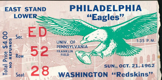 10/21/62 NFL Game Ticket Stub Philadelphia Eagles vs. Washington Redskins 210169
