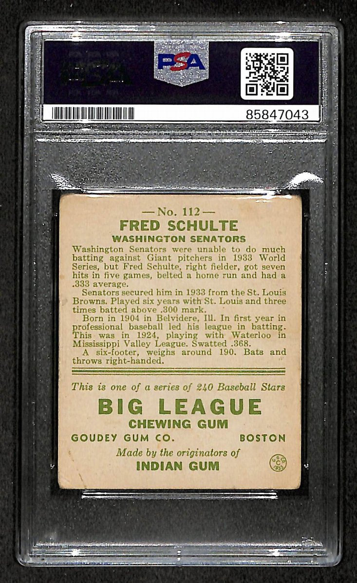 Fred Schulte 1933 Goudey Card #112 Senators Autographed/Signed PSA/DNA 210737