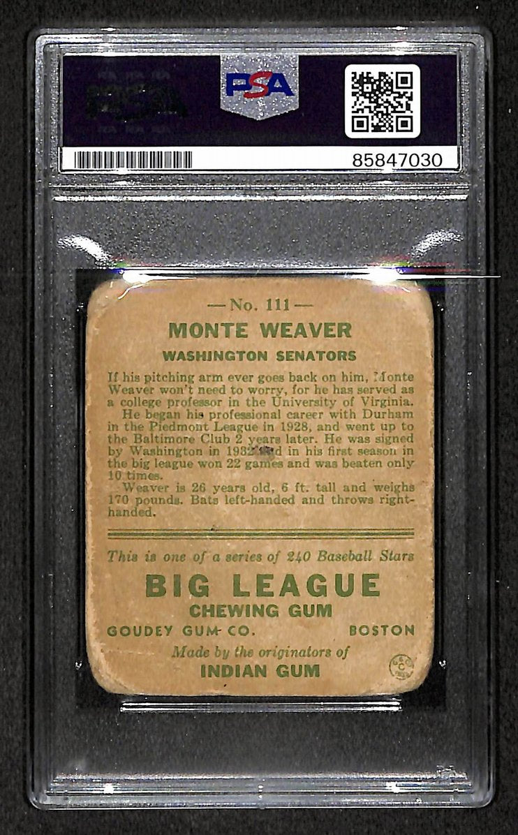 Monte Weaver 1933 Goudey Card #111 Senators Autographed/Signed PSA/DNA 210732