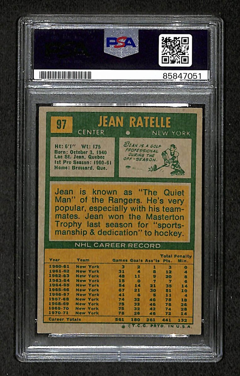 Jean Ratelle HOF 1971-72 Topps Card #97 Signed Rangers PSA/DNA 210819