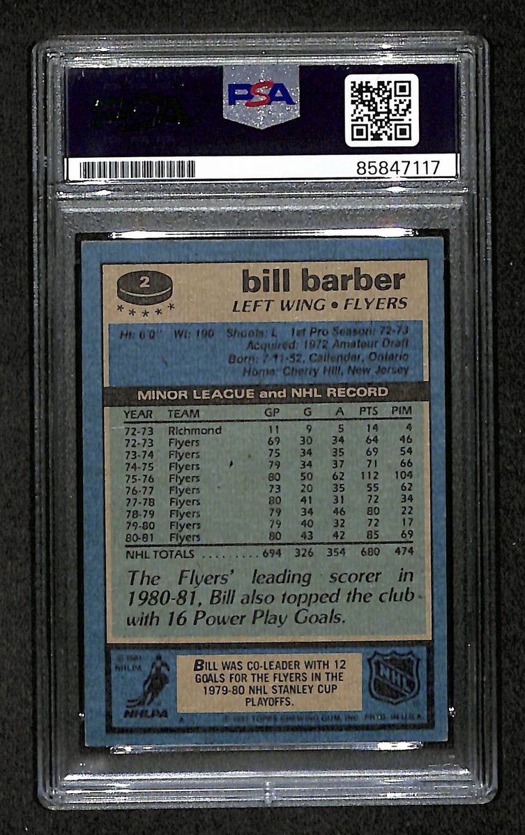 Bill Barber HOF 1981-82 Topps Card #2 Autographed/Signed Flyers PSA/DNA 210823