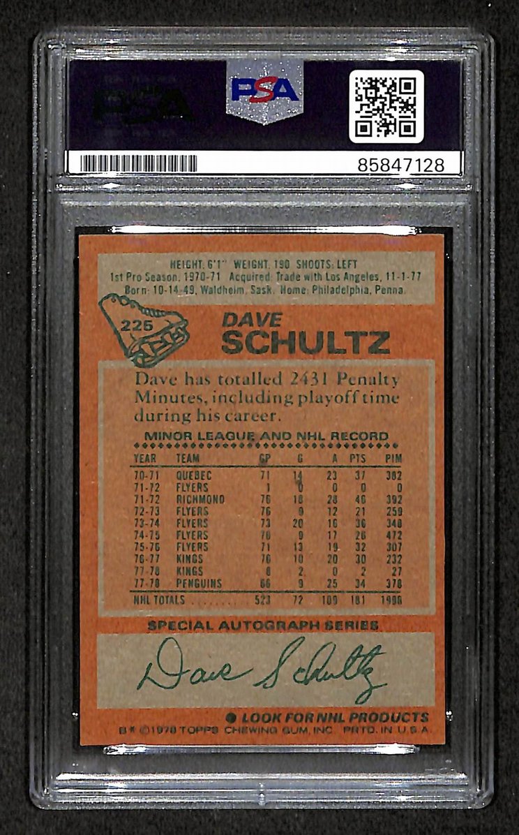 Dave Schultz 1978-79 Topps Card #225 Autographed/Signed Penguins PSA/DNA 210837