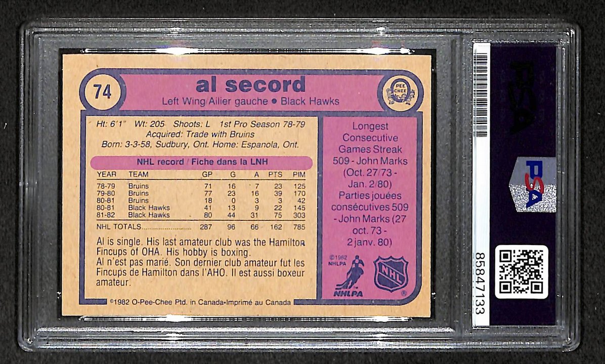 Al Secord 1982-83 O-Pee-Chee Card #74 Signed Black Hawks PSA/DNA 210838
