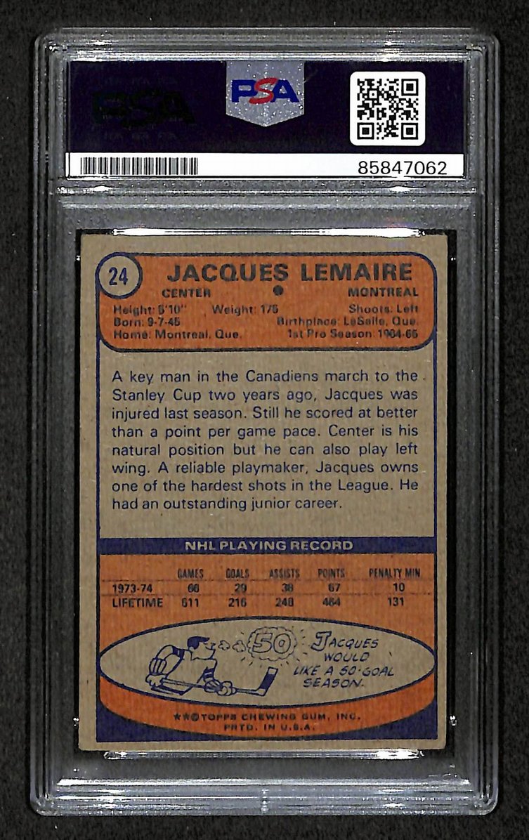 Jacques Lemaire HOF 1974-75 Topps Card #24 Signed Sabres PSA/DNA 210817