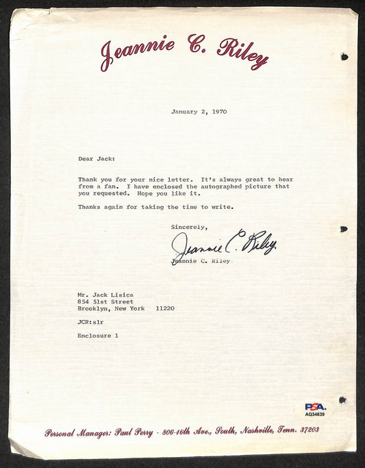 Jeannie C. Riley Signed/Autographed 8x10 Personal Letter Singer PSA/DNA 210799