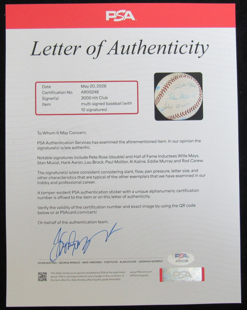 3000 Hit Club Signed by (10) Players 1988 All-Star Baseball PSA/DNA 209927