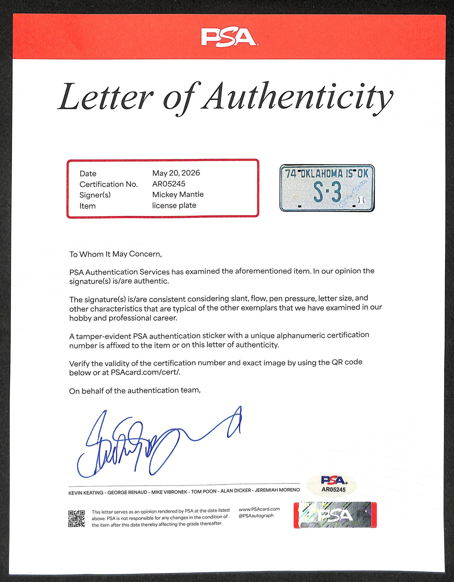 Mickey Mantle HOF Signed/Auto Oklahoma License Plate Yankees PSA/DNA 210764