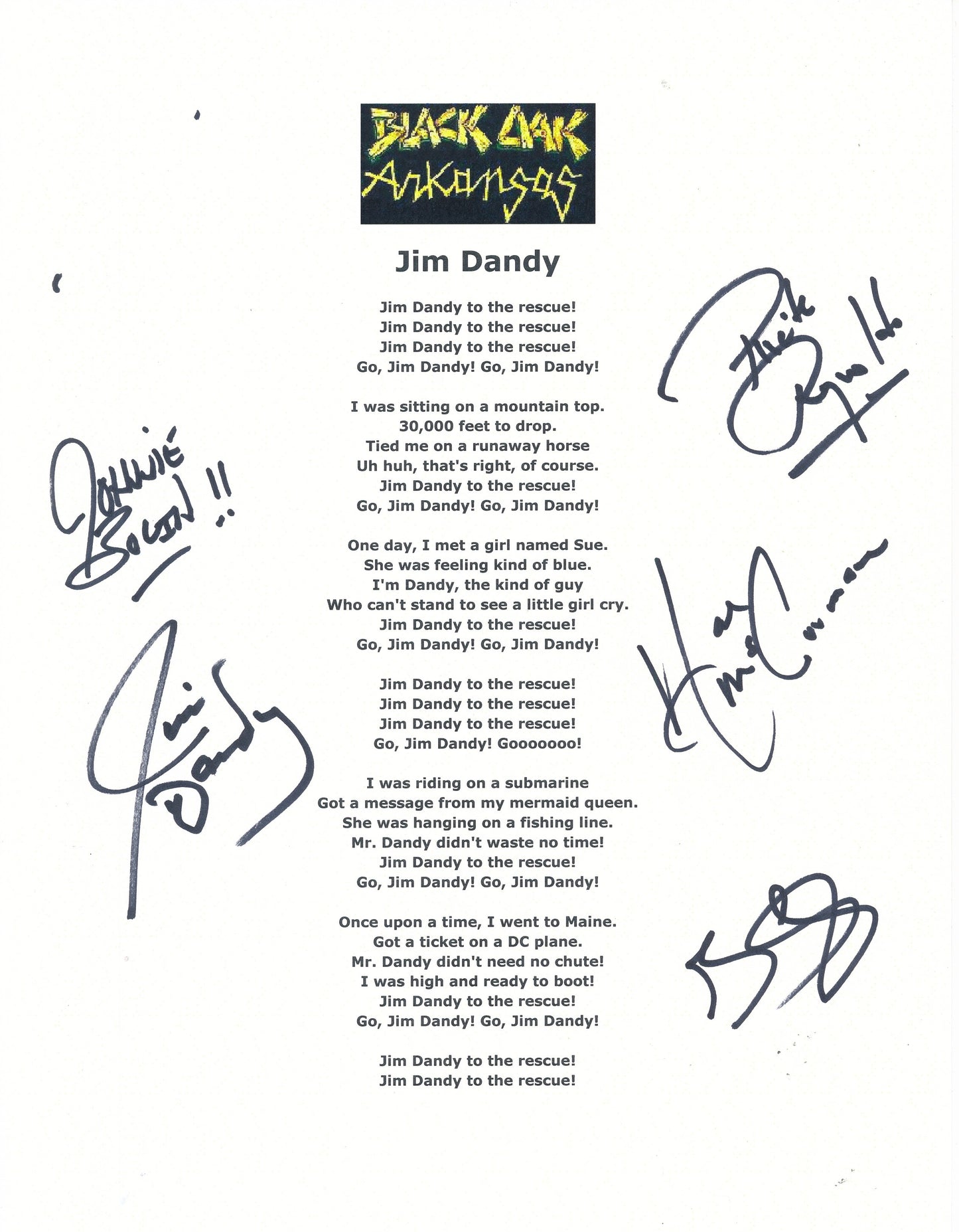 Black Oak Arkansas "Jim Dandy" Song Lyrics Signed by (5) Band Members 210188