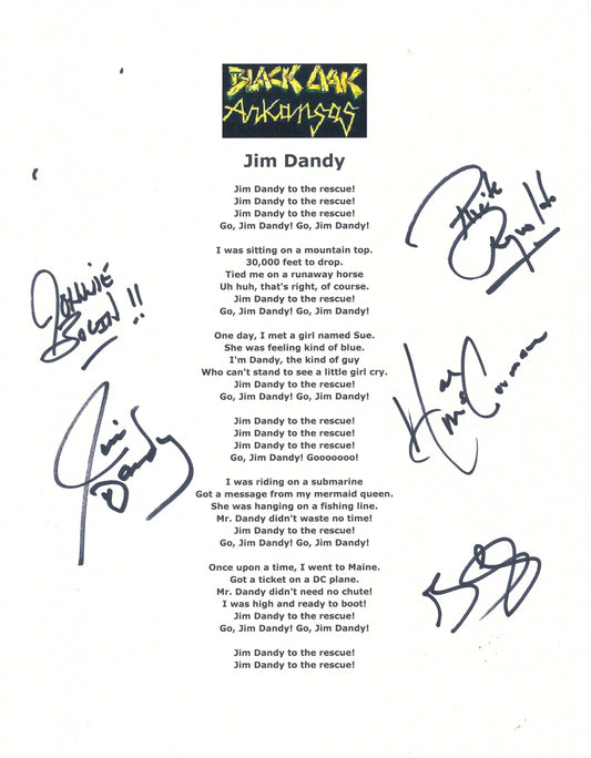Black Oak Arkansas "Jim Dandy" Song Lyrics Signed by (5) Band Members 210188