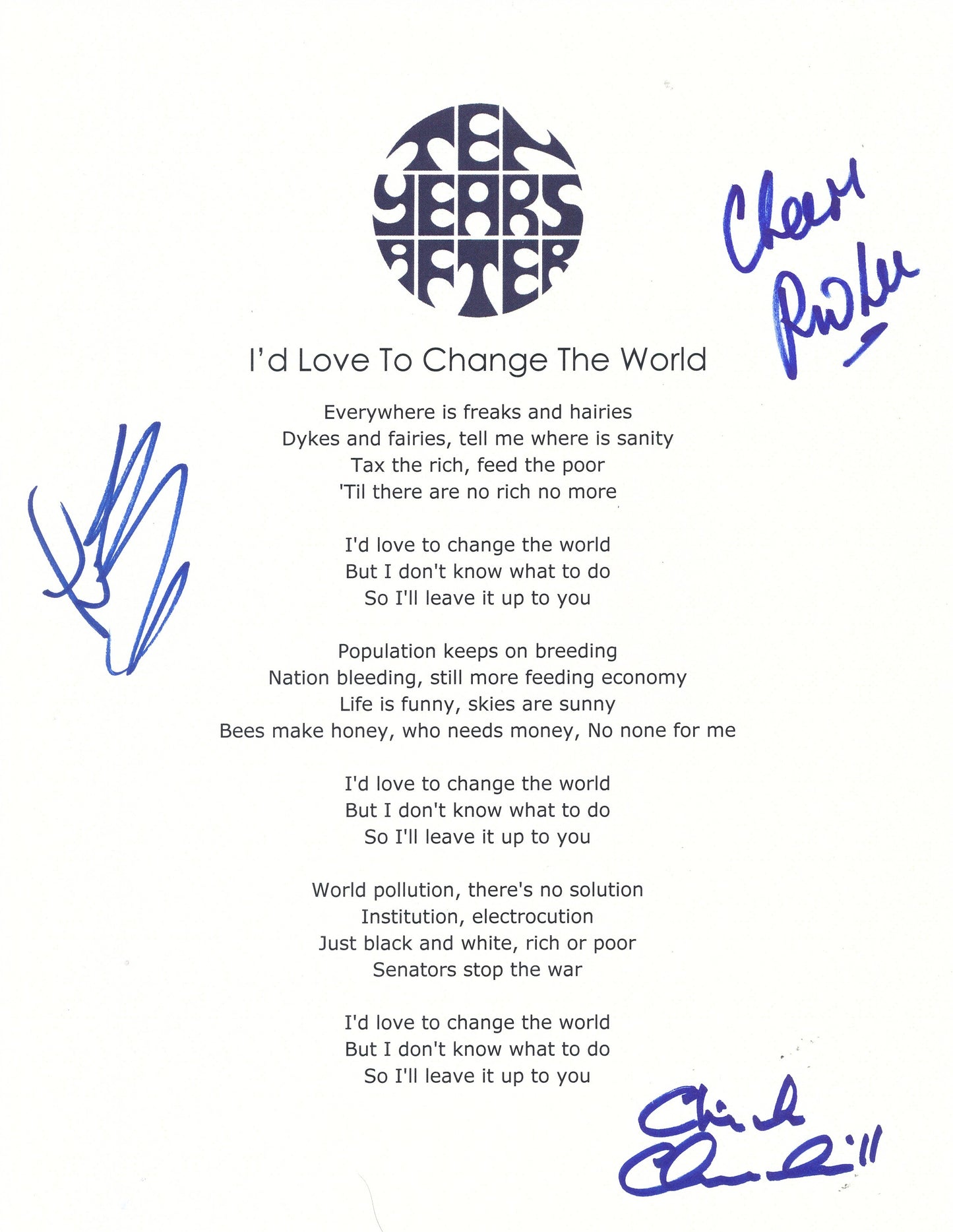 Ten Years After "I'd Love to Change the World" Song Lyrics Signed by (3) 210190