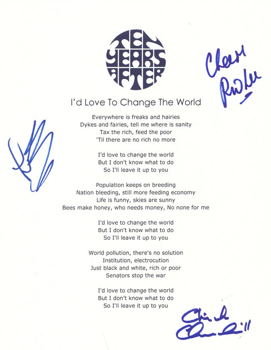 Ten Years After "I'd Love to Change the World" Song Lyrics Signed by (3) 210190