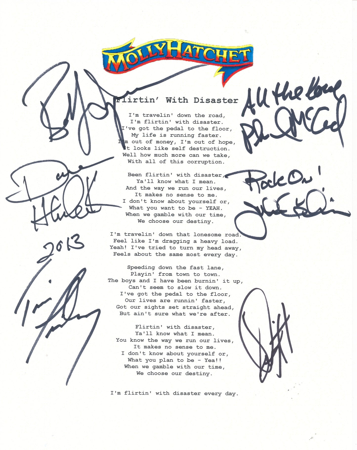 Molly Hatchet "Flirtin' With Disaster" Song Lyrics Signed by (6) Members 210191