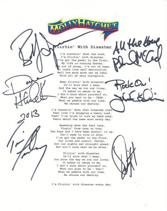 Molly Hatchet "Flirtin' With Disaster" Song Lyrics Signed by (6) Members 210191
