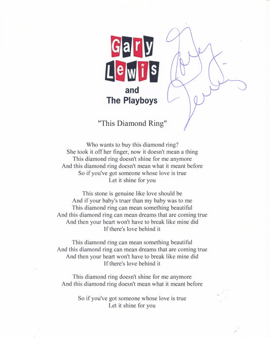Gary Lewis and The Playboys "This Diamond Ring" Song Lyrics Signed by Gary Lewis