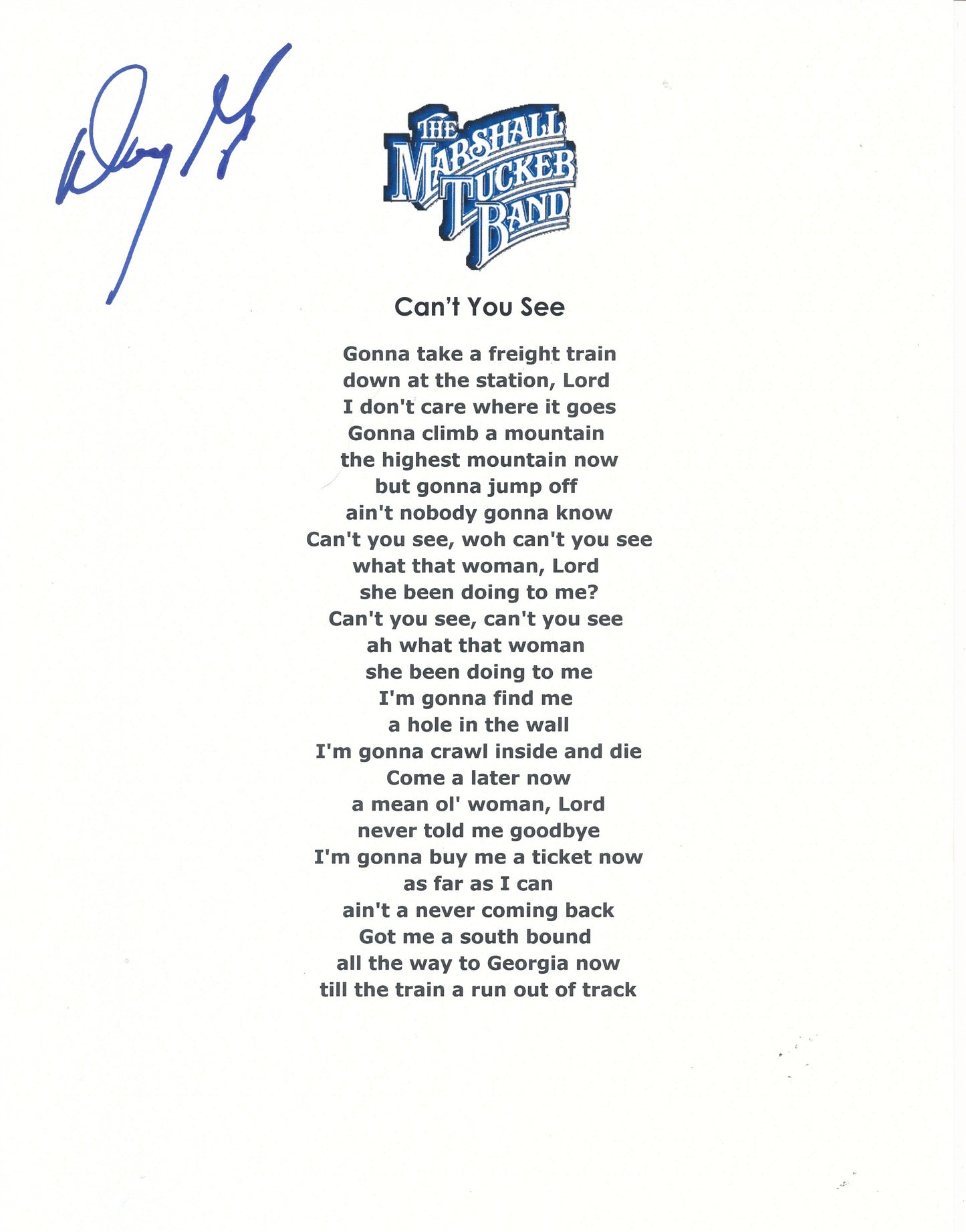 The Marshall Tucker Band "Can't See You" Song Lyrics Signed by Doug Gray 210193