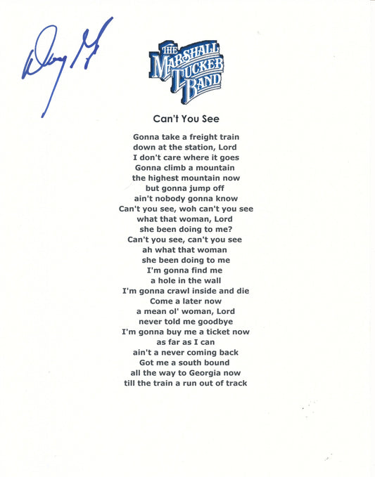 The Marshall Tucker Band "Can't See You" Song Lyrics Signed by Doug Gray 210193