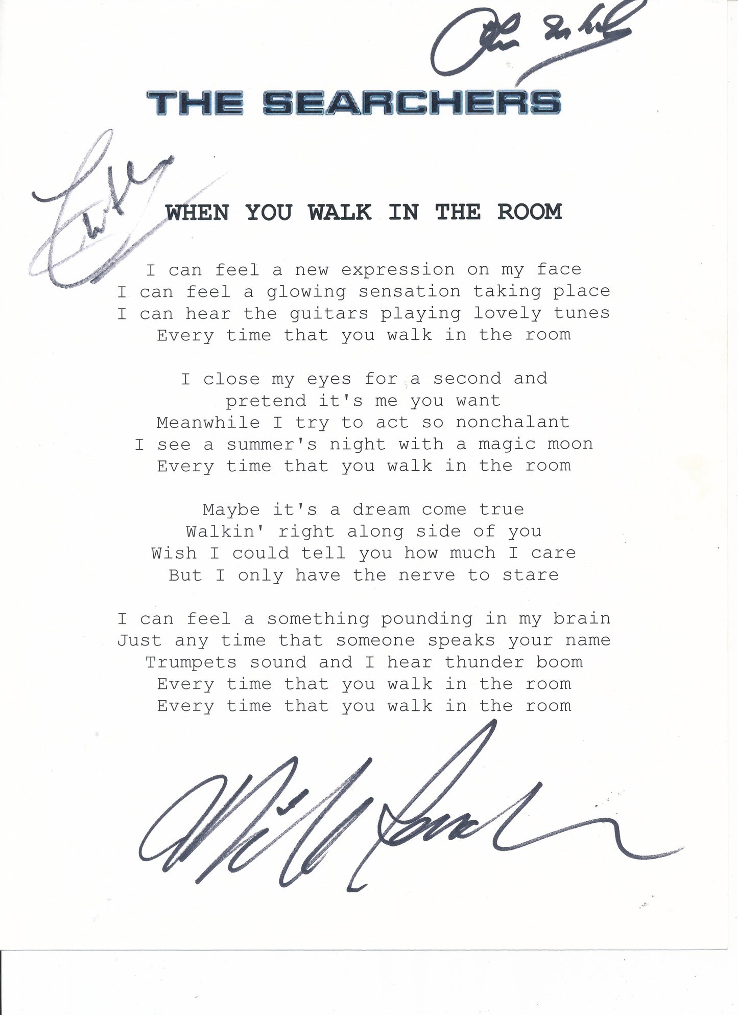 The Searchers "When You Walk In The Room" Song Lyrics Signed by (3) Band Members