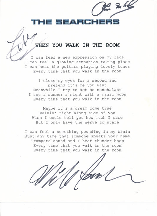 The Searchers "When You Walk In The Room" Song Lyrics Signed by (3) Band Members