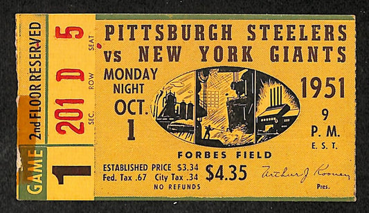 Vintage 10/1/1951 Pittsburgh Steelers vs. New York Giants Ticket Stub 208970