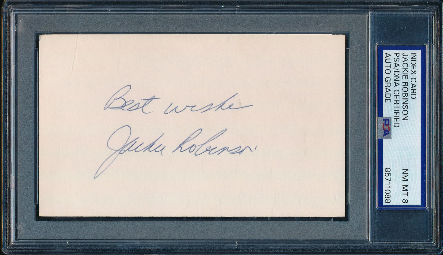 Jackie Robinson HOF Signed/Inscr 3x5 Index Card Dodgers PSA/DNA NM-MT 8 210200