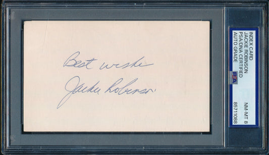 Jackie Robinson HOF Signed/Inscr 3x5 Index Card Dodgers PSA/DNA NM-MT 8 210200