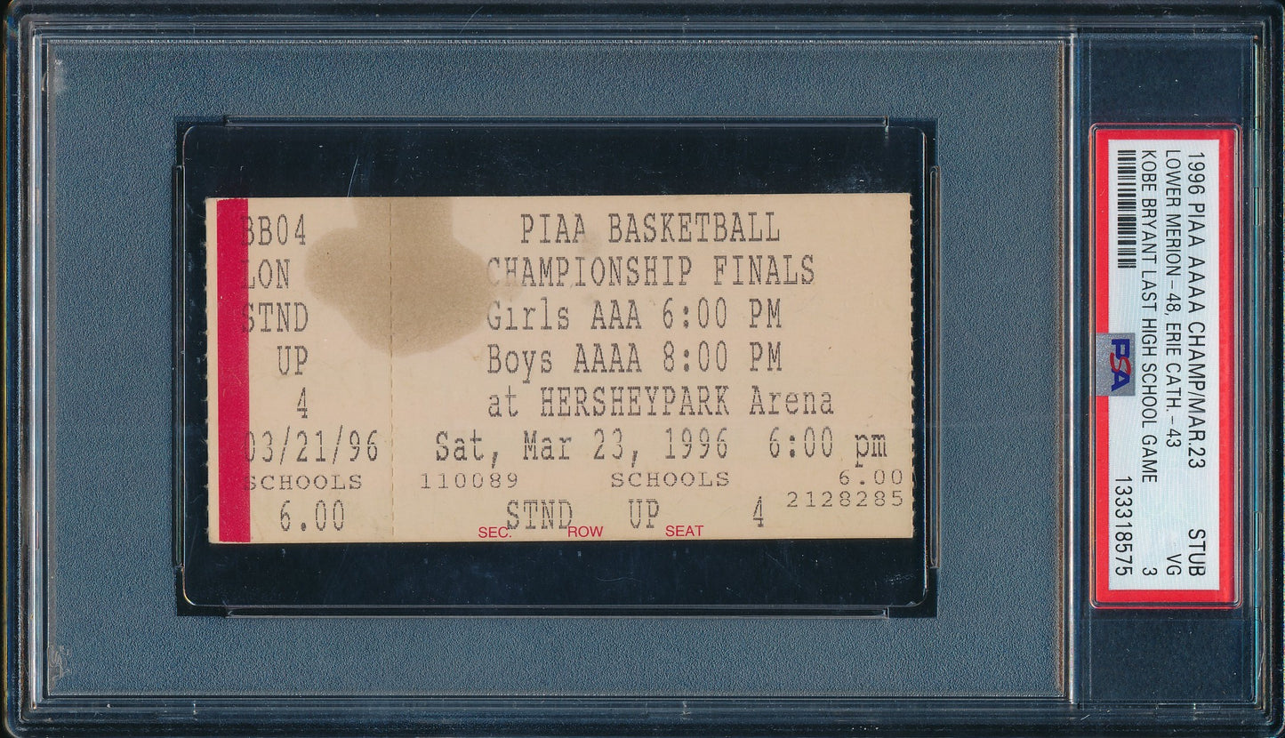 1996 KOBE BRYANT FINAL HS GAME TICKET STUB STATE CHAMPIONSHIP PSA 3