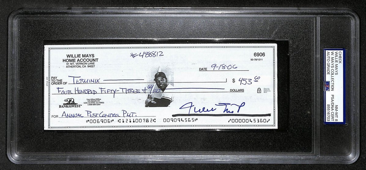 Willie Mays HOF Signed/Auto 2006 Bank Check PSA/DNA NM-MT 8   209070