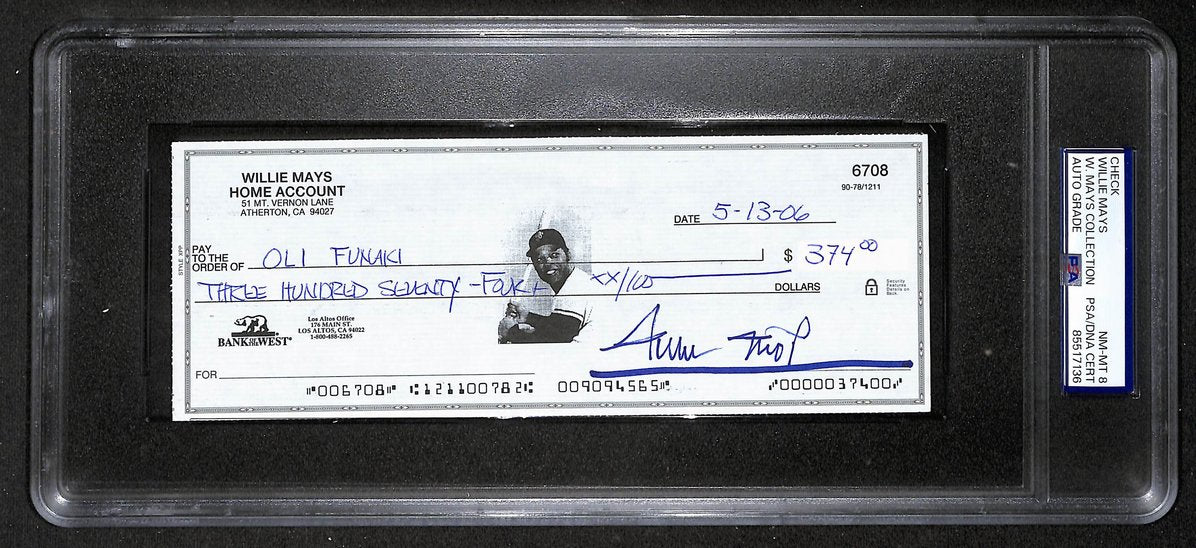 Willie Mays HOF Signed/Auto 2006 Bank Check PSA/DNA NM-MT 8   209071